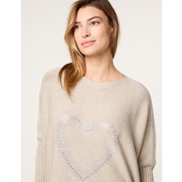 Heart Diamante Oversized Jumper - ONE / BEIGE MELANGE