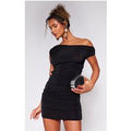 Black Slinky Acetate Ruched One Shoulder Mini Dress