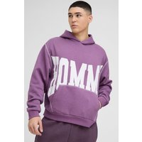 Felpa squadrata oversize in twill con applique, cuciture a contrasto e cappuccio, Purple