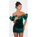 Emerald Green Velvet Bardot Ruffle Bodycon Dress