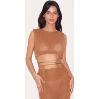 Brown Crochet Trim Detail High Neck Beach Top