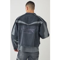 Chaqueta Motera Recta Vaquera Con Aplique De Motociclismo, Gris