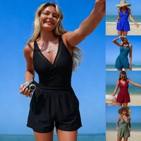 Black Solid Color Sleeveless V Neck Swimsuit with Sheer Mesh Panel Ruched Waist High Stretch Halter Neck Mini Length Swimwear