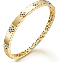 Sterling Silver with Yellow Gold Plated Moissanite Four Leaf Clover Plain Bangle Bracelet
