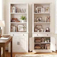 2Pcs 80" Tall Bookshelf with Drawer and Doors, Rustic White Bookcase Farmhouse Storage Cabinet with Display Open, Customized