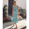 Green Ikat Ruffle Cutout Midi Dress | Size: 12