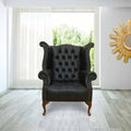 Chesterfield Buttoned Queen Anne High Back Wing Chair Shelly Black Leather