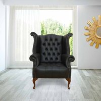 Chesterfield Buttoned Queen Anne High Back Wing Chair Shelly Black Leather