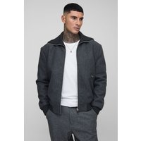 Tall Knitted Collar Zip Up Wool Look Bomber Jacket, Gris