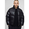 Boxy Fit High Shine Nylon Mix Funnel Neck Puffer Jacket, Negro