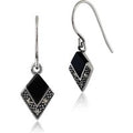 Art Deco Style Black Onyx & Marcasite Drop Earrings in 925 Sterling Silver