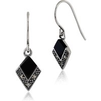 Art Deco Style Black Onyx & Marcasite Drop Earrings in 925 Sterling Silver
