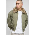 Regular Fit Faux Fur Collar Nylon Bomber Jacket, Verde