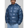 Regular Fit High Shine Quilted Hooded Puffer Jacket, Azul