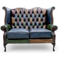 Chesterfield 2 Seater Antique Patchwork Leather Queen Anne High Back Wing Sofa