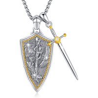 Sterling Silver Two-Tone Saint Michael & Sword Pendant Necklace For Men