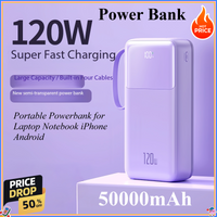 120W 50000mAh Power Bank With Fast Charging Cable Portable Powerbank for Laptop Notebook iPhone External Battery