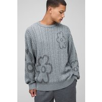 Jersey Oversize De Punto En Ochos Recto Con Cuello De Caja Y Estampado De Flores, Gris