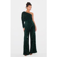 Emerald Green Velvet Sequin One Shoulder Wide Leg Jumpsuit