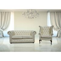 Chesterfield 2 Seater + Queen Anne High Back Wing Chair Shelly Cream Leather