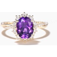 1.5CT Oval Cut Natural Amethyst Twisted Engagement Ring Diamond Halo Ring
