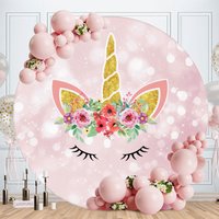 Aperturee Pink And Gold Floral Unicorn Bokeh Round Birthday Backdrops