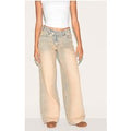 Stone Washed Asymmetrical Waistband Wide Leg Jeans, Sand