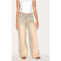 Stone Washed Asymmetrical Waistband Wide Leg Jeans, Sand