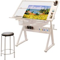 Adjustable Art Desk with Tempered Glass Top for Adults - White, Height 29.52-37.8