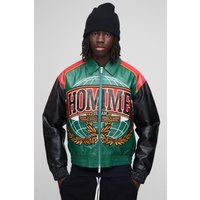 Boxy Fit Homme Applique Pu Collared Bomber Jacket, Verde