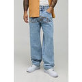 Double Waistband Relaxed Contrast Stitch Jeans, Azul