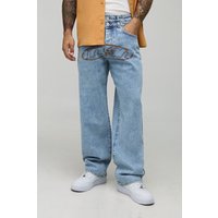 Double Waistband Relaxed Contrast Stitch Jeans, Azul