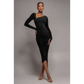 Asymmetrical Neck Ruched Midi Dress - Black by City Goddess
