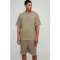 Oversized Peached Embossed Contrast Stitch T-Shirt & Dropped Crotch Shorts Set, Verde