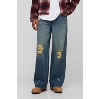 Baggy Fit Studded Tribal Washed Jeans, Azul