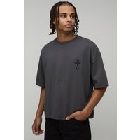 Herren Oversized Boxy T-Shirt mit besticktem Gothic-Kreuz | Charcoal | Größe Medium | BOOHOOMAN