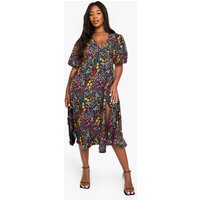 Vestido Plus Midi Holgado De Flores, Negro