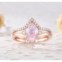 0.8 Carat Rose Gold Rose Quartz Engagement Ring Set Diamond Matching Band
