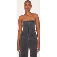 Washed Black Covered Button Longline Denim Top