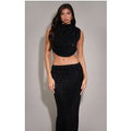 Black Sequin Tie Back High Neck Cowl Crop Top