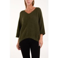 Fluffy Textured V Neck Jumper - ONE / KHAKI