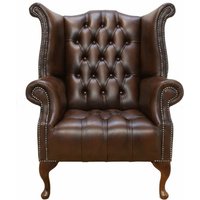 Chesterfield Buttoned Seat Queen Anne High Back Wing Chair UK Manufactured Antique Brown