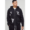 Sudadera Oversize Con Capucha, Cremallera Y Estampado De Corazones, Negro