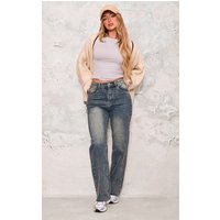 Indigo Vintage Wash Frayed Hem Straight Leg Jeans