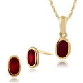 Classic Oval Ruby Single Stone Bezel Stud Earrings & Pendant Set in 9ct Yellow Gold
