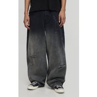 Super Baggy Extreme Washed Laser Printed Denim Jeans, Negro