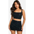 Conjunto Coordinado Petite De Minifalda Y Top Crop Con Incrustaciones Y Parches, Negro