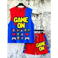 Men's 2-Piece Loose Fit Sleeveless Tank & Shorts, "Game On" Pixel Print Comfort Summer Outfit