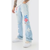 Vaqueros De Campana Ajustados Sin Tratar Con Apliques En Azul Hielo, Azul