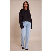 Petite Light Blue Wash Ripped Split Hem Straight Leg Jeans